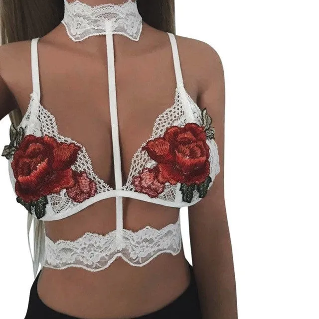 Appliques Unpadded Bra 2017 Sexy Women Halter Neck Lace Embroidered Floral Bralette 3/4 Cup Wire Free Intimates strapless bra