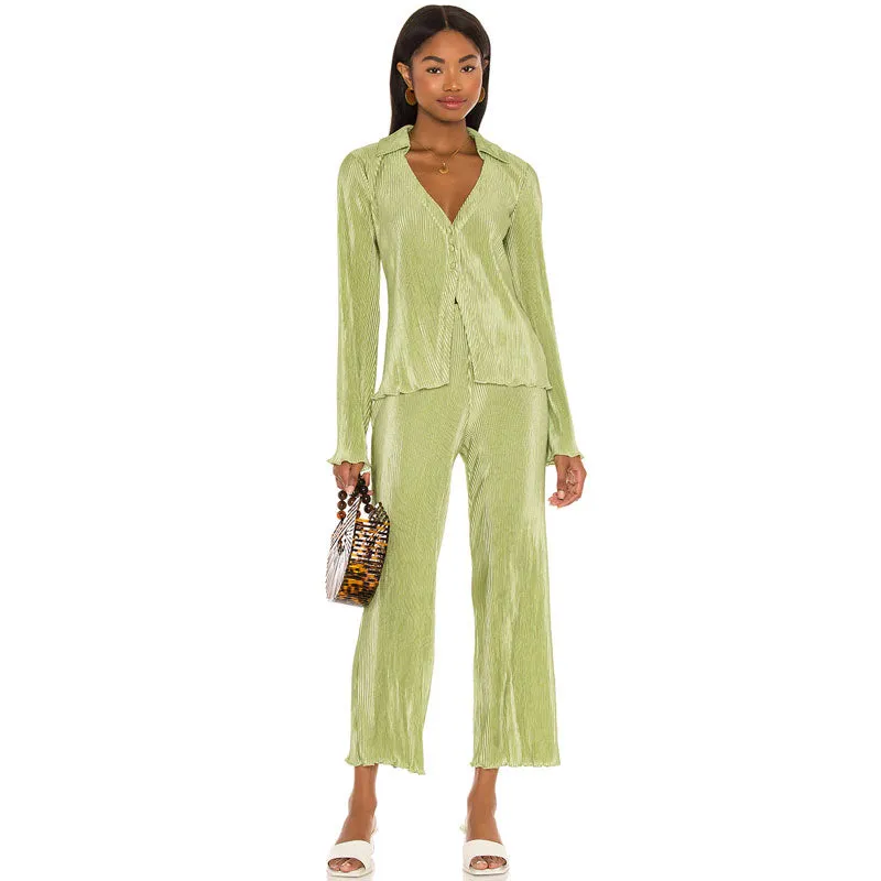 Athflow Shirred Blouse Wide Leg Pant Matching Set - Sage Green