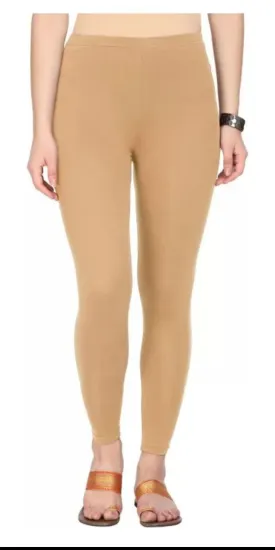 Attractive Beige Colored Solid Cotton Leggings For Women