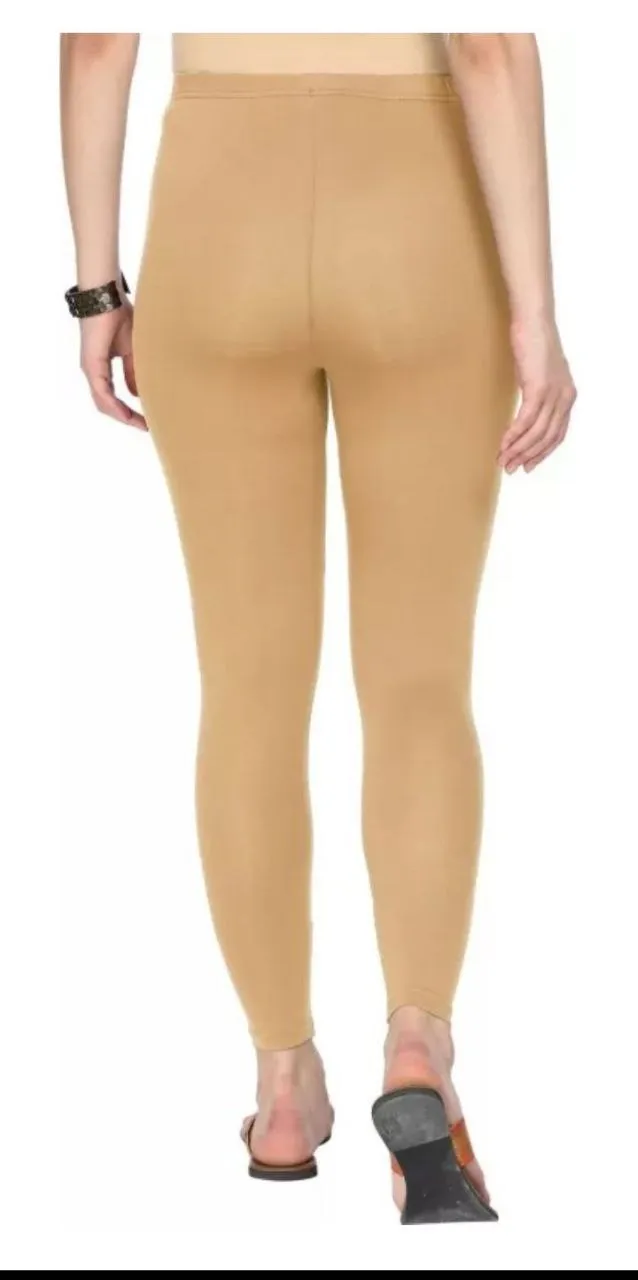 Attractive Beige Colored Solid Cotton Leggings For Women