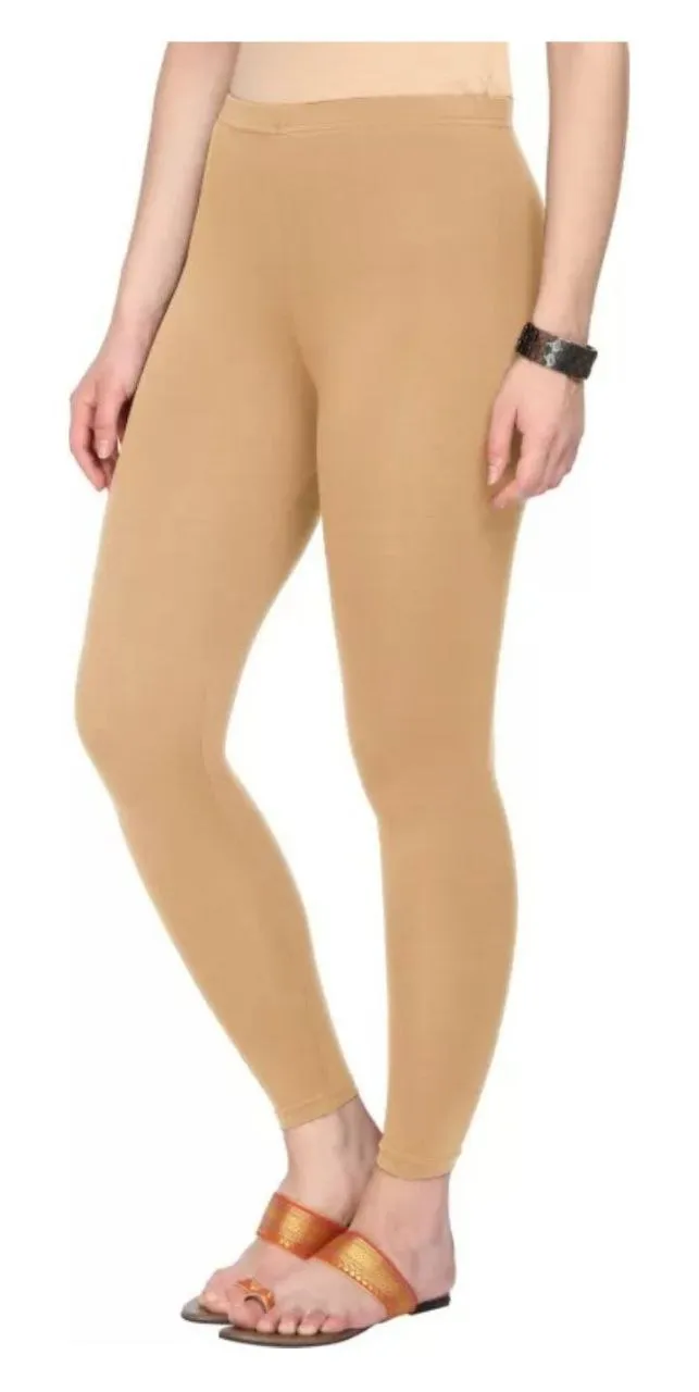 Attractive Beige Colored Solid Cotton Leggings For Women