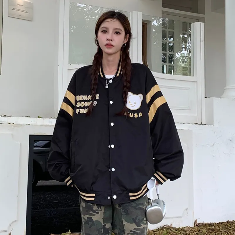 Bear Pattern Street Style Casual Varsity Jacket