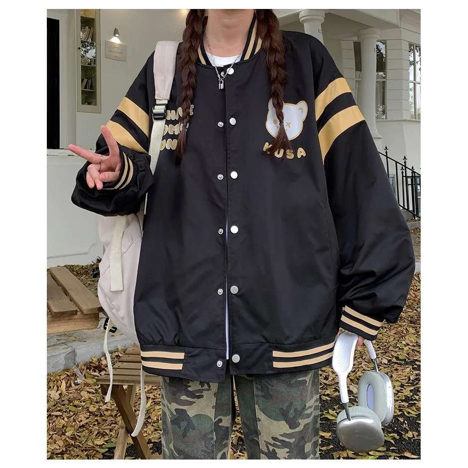 Bear Pattern Street Style Casual Varsity Jacket