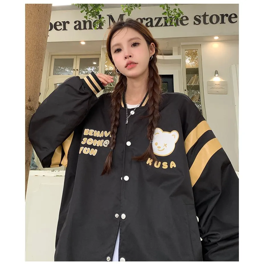 Bear Pattern Street Style Casual Varsity Jacket