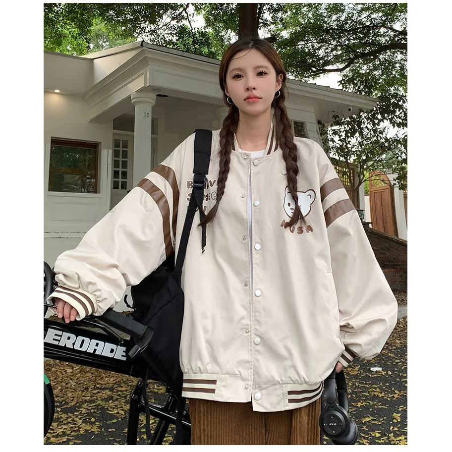 Bear Pattern Street Style Casual Varsity Jacket