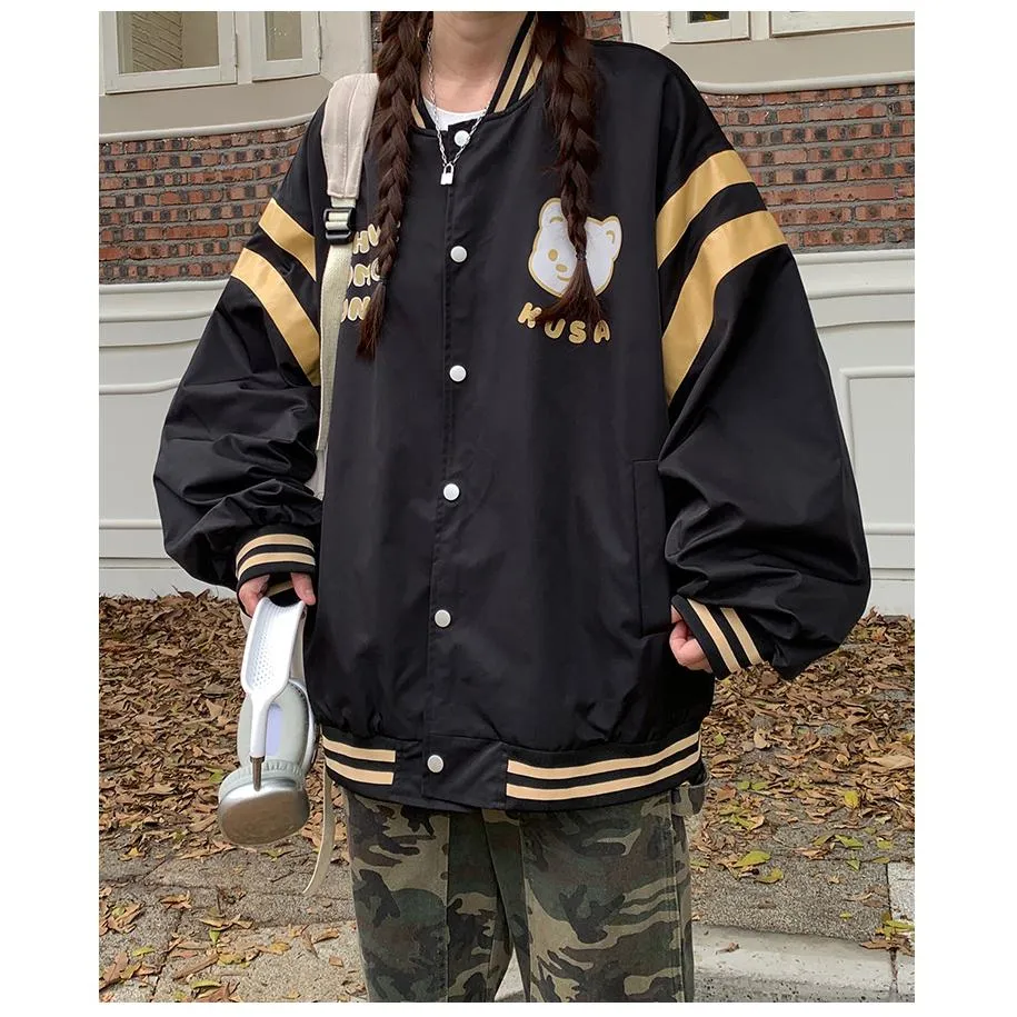 Bear Pattern Street Style Casual Varsity Jacket