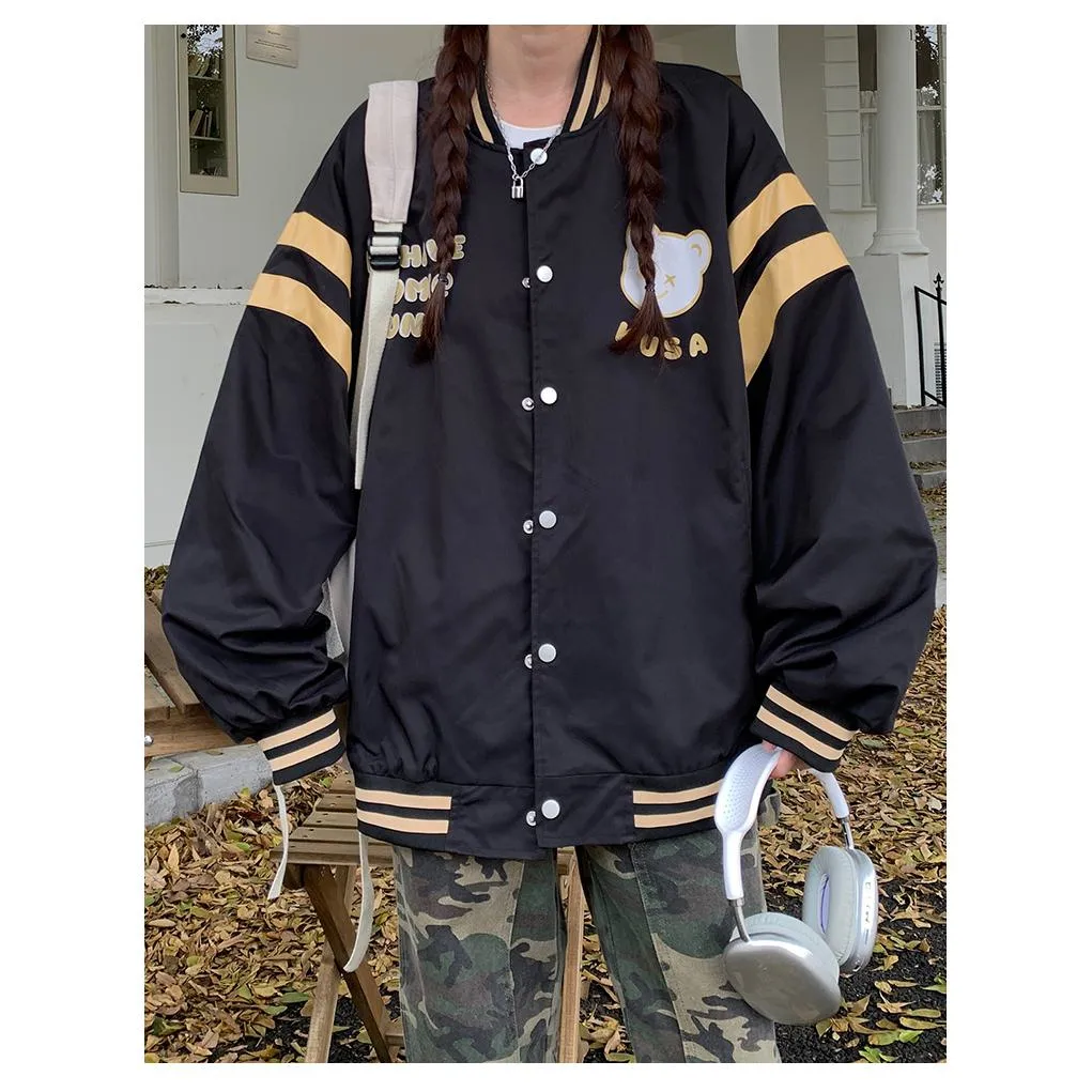 Bear Pattern Street Style Casual Varsity Jacket