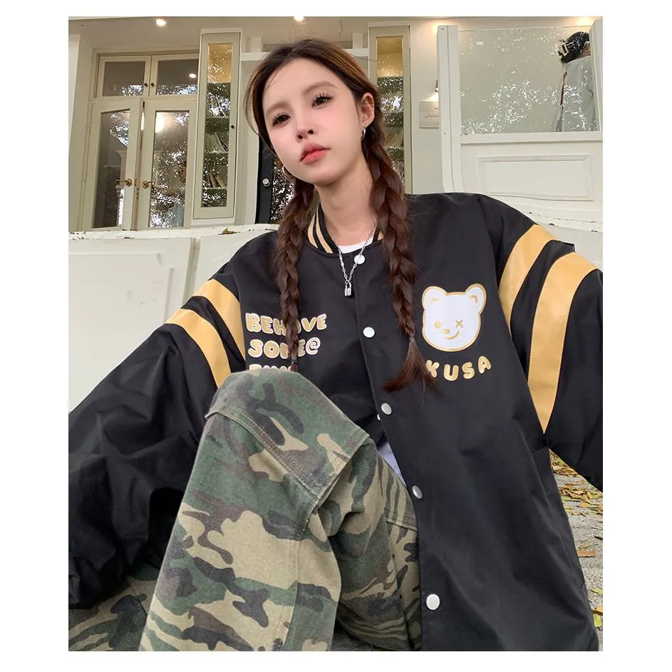 Bear Pattern Street Style Casual Varsity Jacket