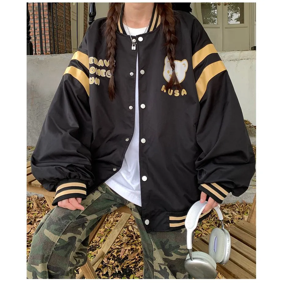 Bear Pattern Street Style Casual Varsity Jacket