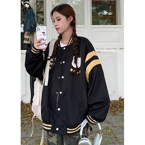 Bear Pattern Street Style Casual Varsity Jacket