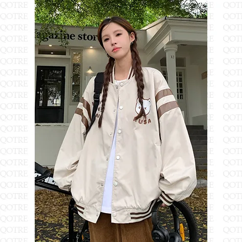 Bear Pattern Street Style Casual Varsity Jacket