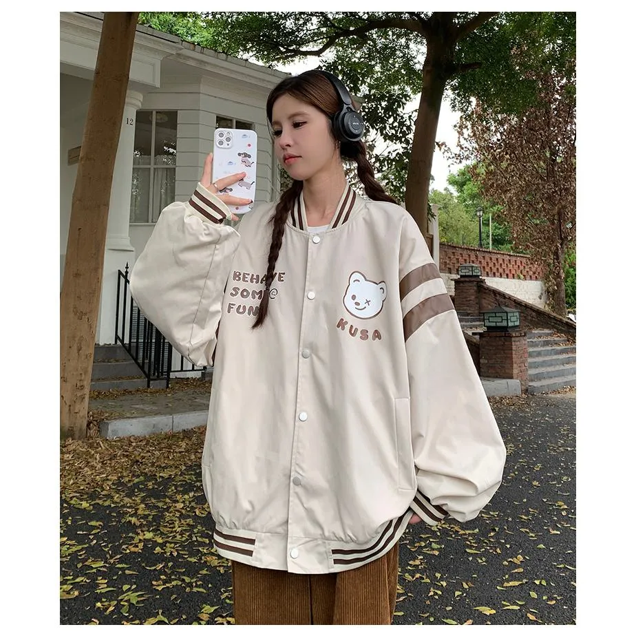 Bear Pattern Street Style Casual Varsity Jacket