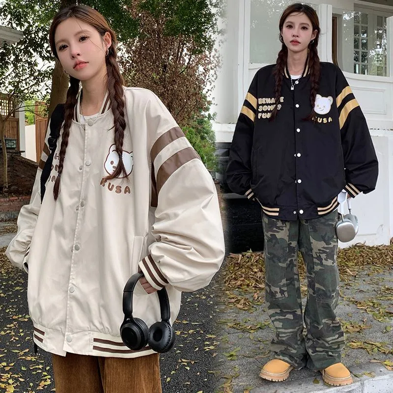 Bear Pattern Street Style Casual Varsity Jacket