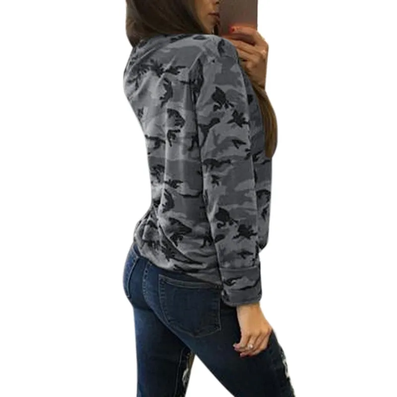 Camouflage Print Women Long Sleeve Slim T-Shirt Fashion V-Neck Lace-up Lady Sexy Tops Army Style Casual Female T-Shirt Tee