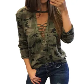 Camouflage Print Women Long Sleeve Slim T-Shirt Fashion V-Neck Lace-up Lady Sexy Tops Army Style Casual Female T-Shirt Tee