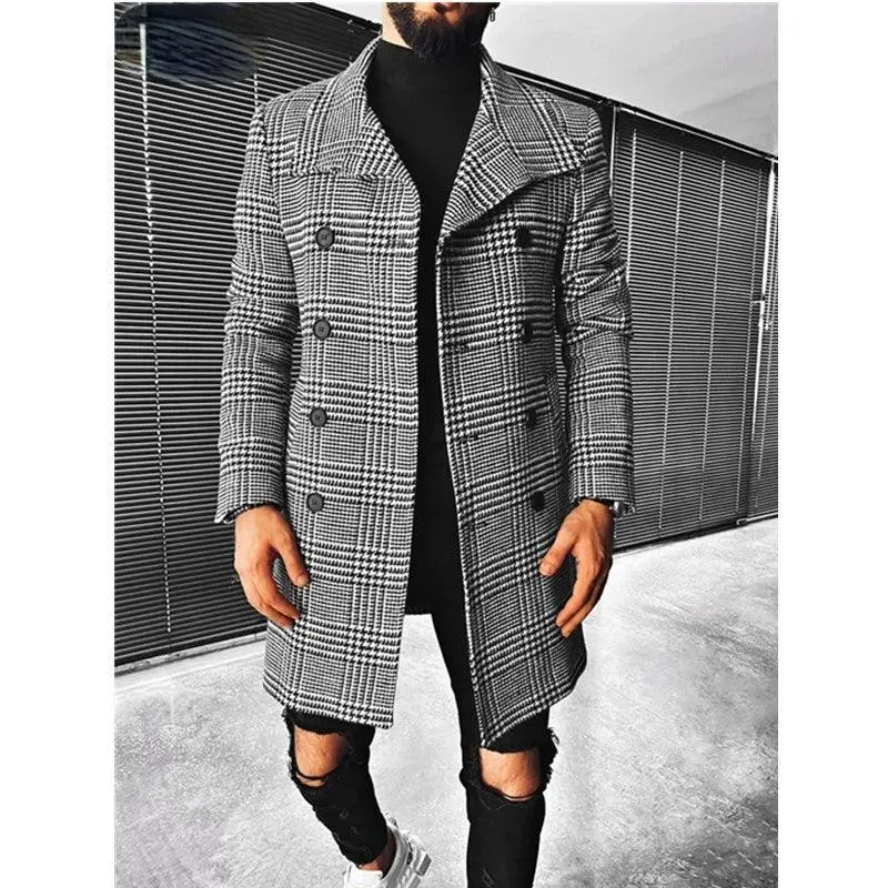 Chic Mid-Length Plaid Double-Breasted Wool Blend Coat for Men