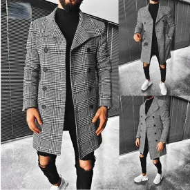 Chic Mid-Length Plaid Double-Breasted Wool Blend Coat for Men