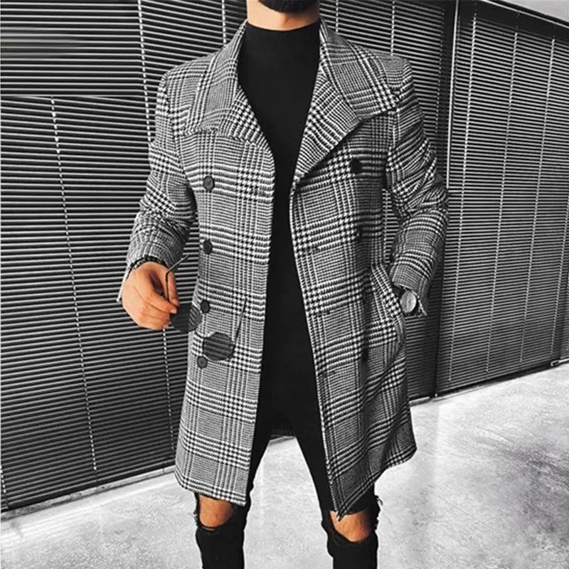 Chic Mid-Length Plaid Double-Breasted Wool Blend Coat for Men