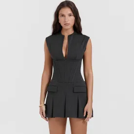 Chic V Neck Pleated Sleeveless Corset Mini Party Dress - Dark Gray