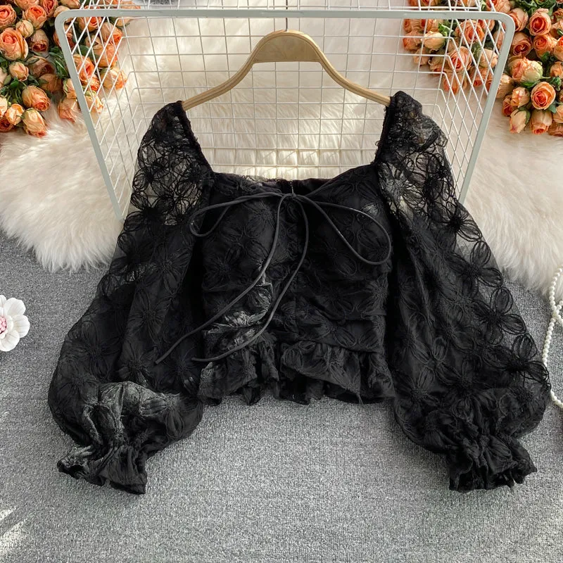 Cute tulle puff sleeve short tops crop tops    S591