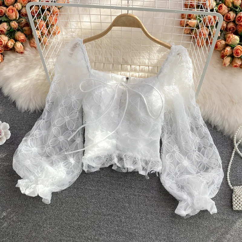 Cute tulle puff sleeve short tops crop tops    S591