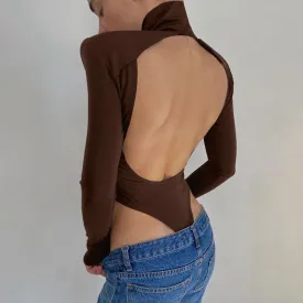 Cutout Back Long Sleeve High Cut Turtleneck Bodysuit - Coffee