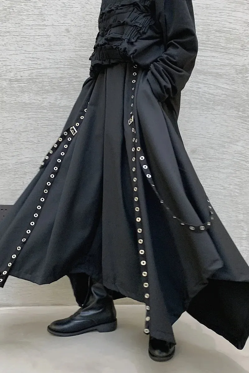 Dark Black Ribbon Punk Gothic Wide Leg Pant