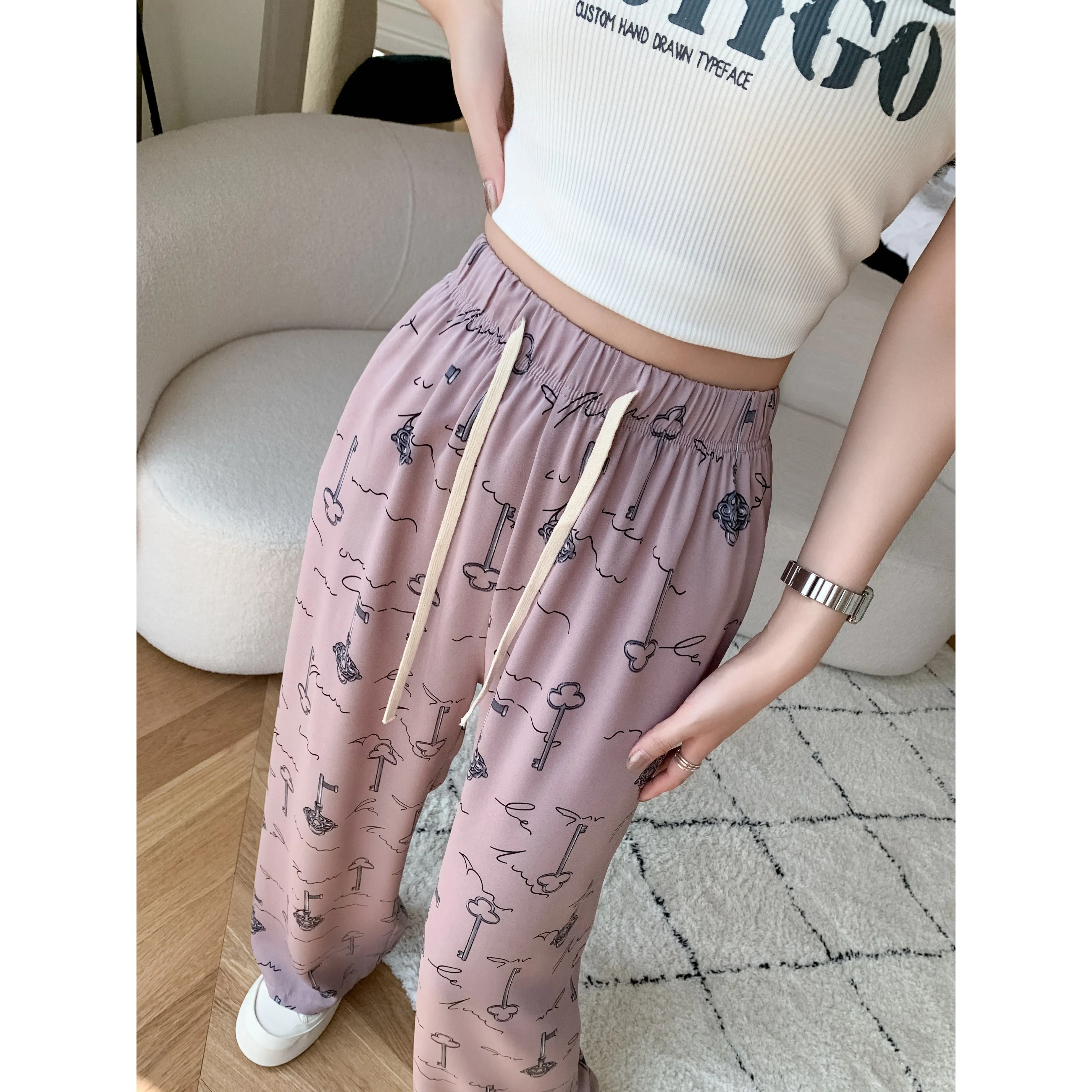 Draping Slimming Casual Floor-Length Silky Straight Leg High-Waisted Pants