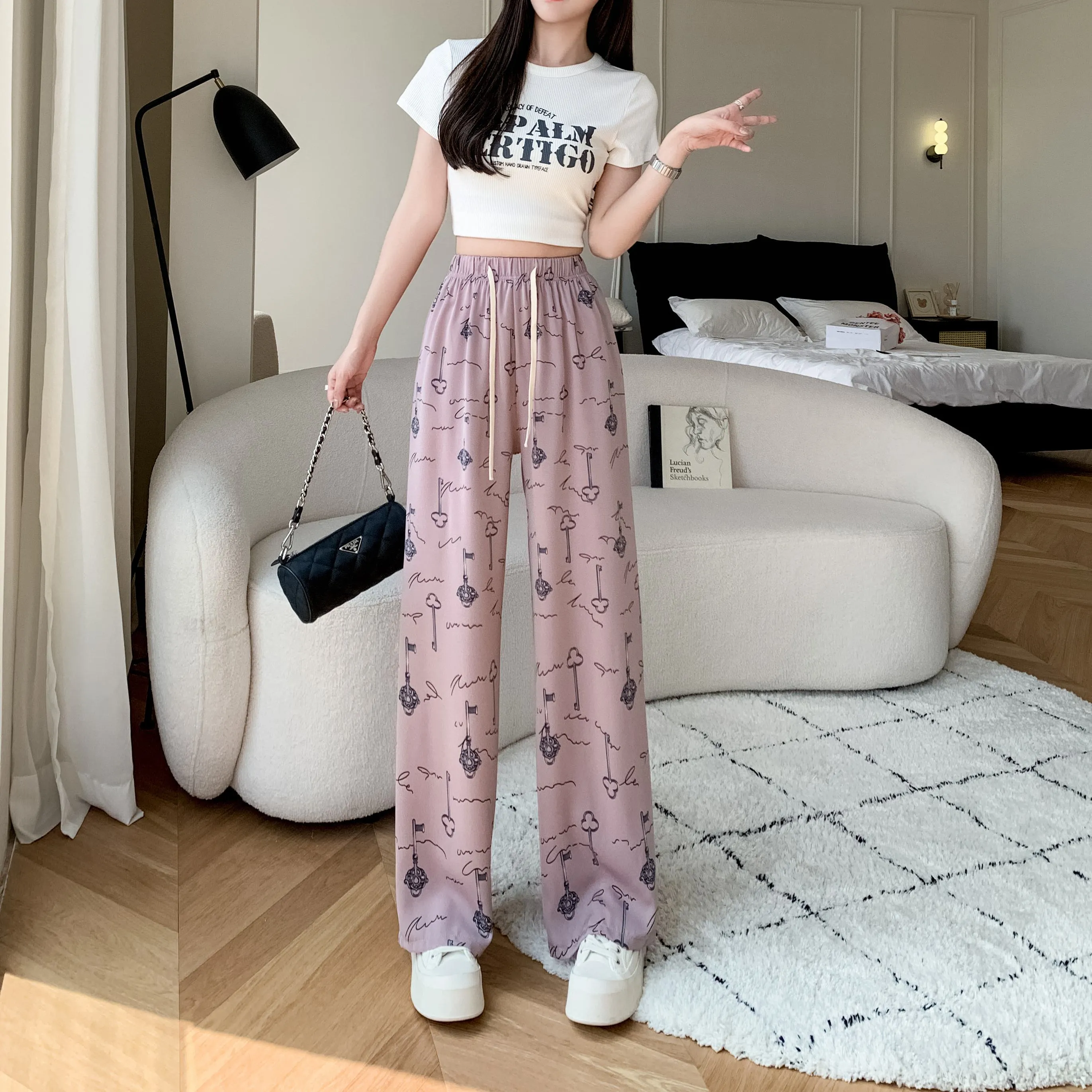 Draping Slimming Casual Floor-Length Silky Straight Leg High-Waisted Pants