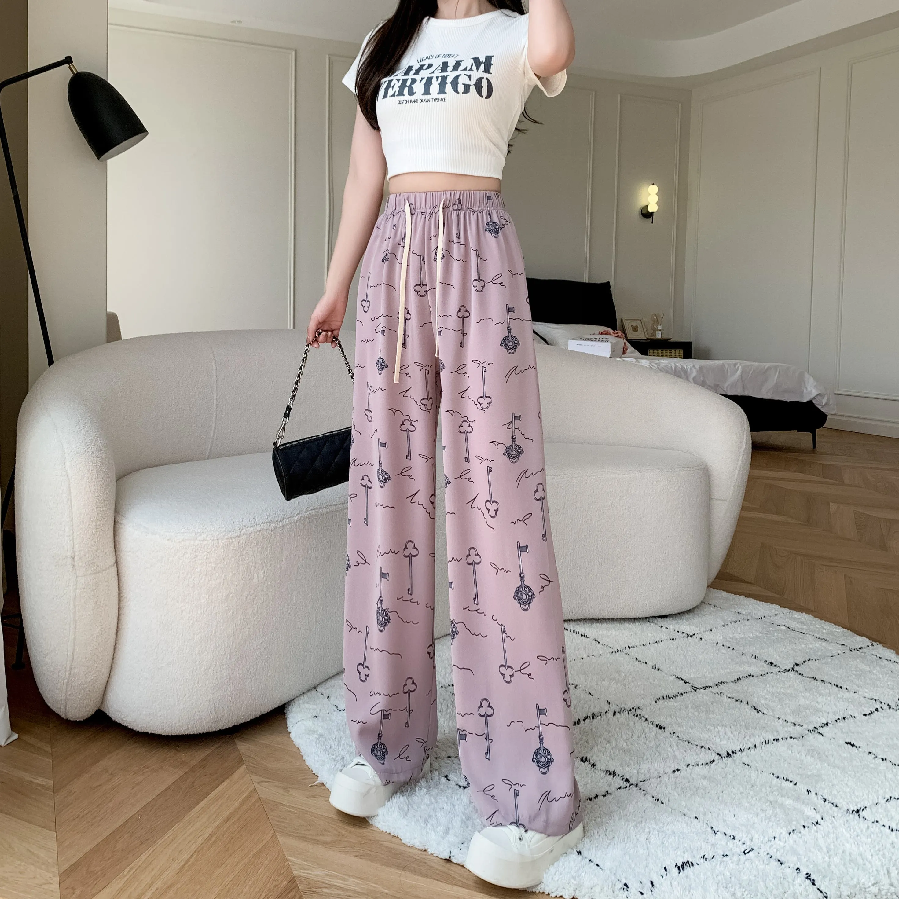 Draping Slimming Casual Floor-Length Silky Straight Leg High-Waisted Pants