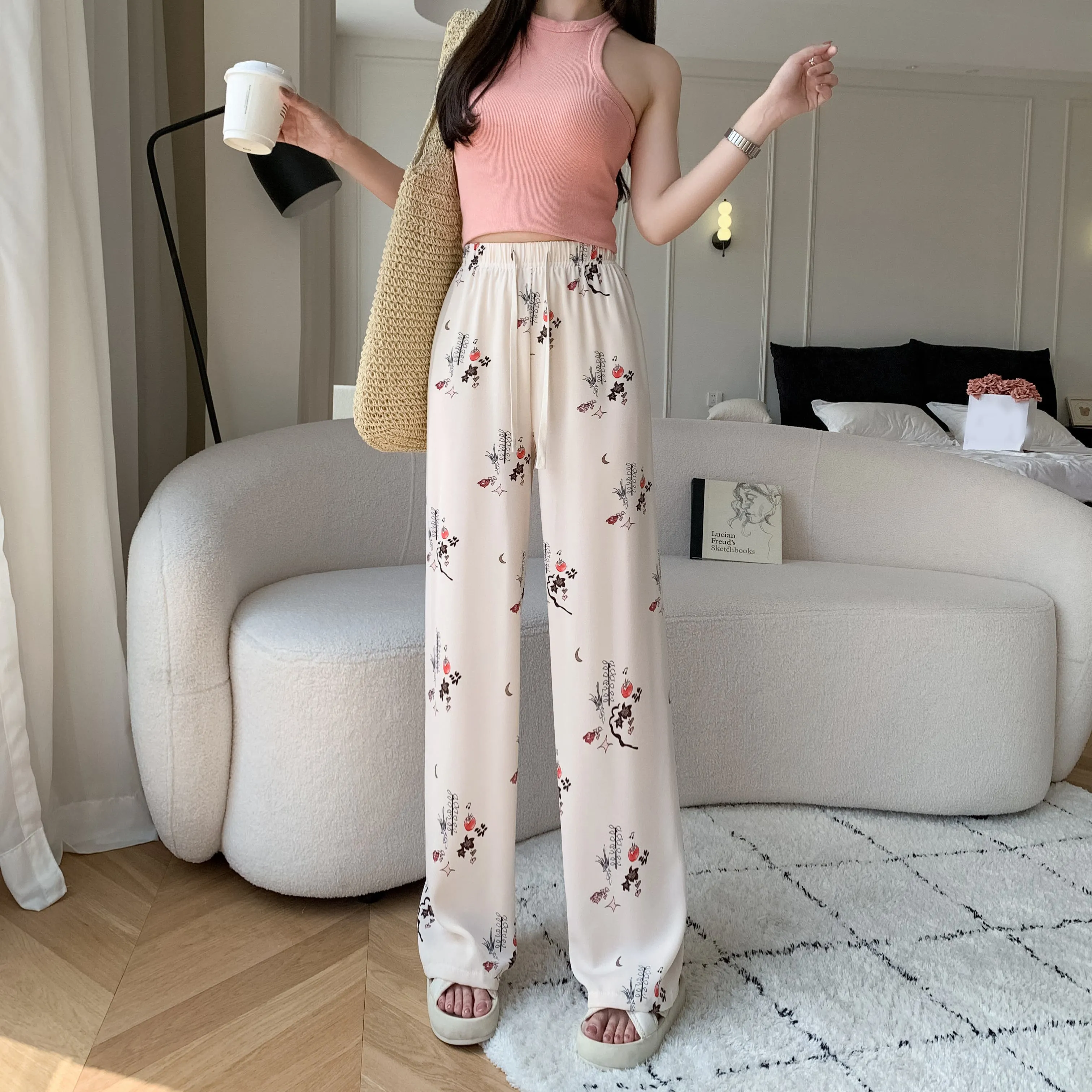 Draping Slimming Casual Floor-Length Silky Straight Leg High-Waisted Pants