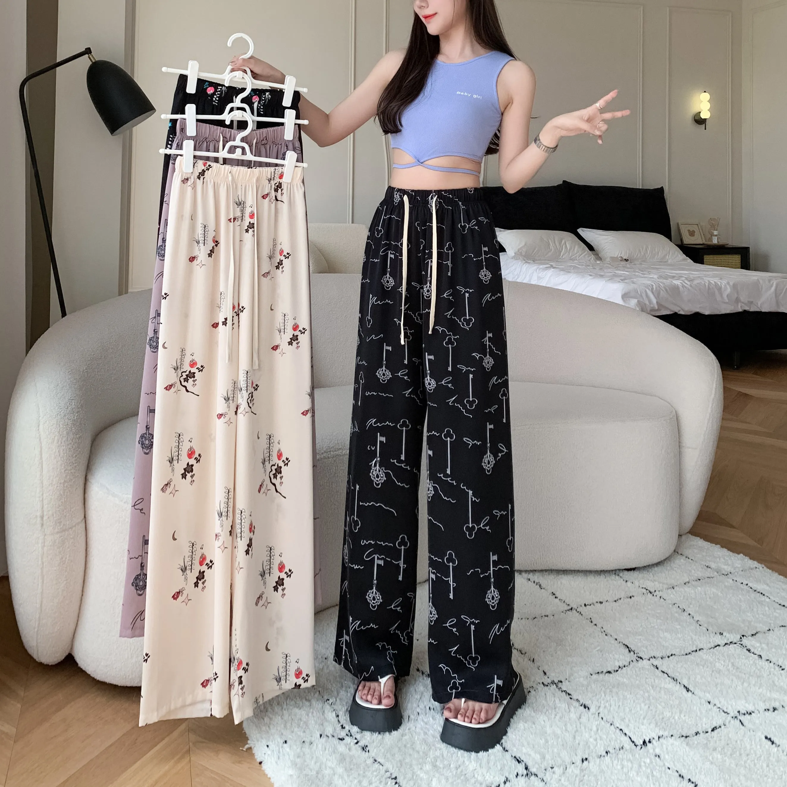 Draping Slimming Casual Floor-Length Silky Straight Leg High-Waisted Pants