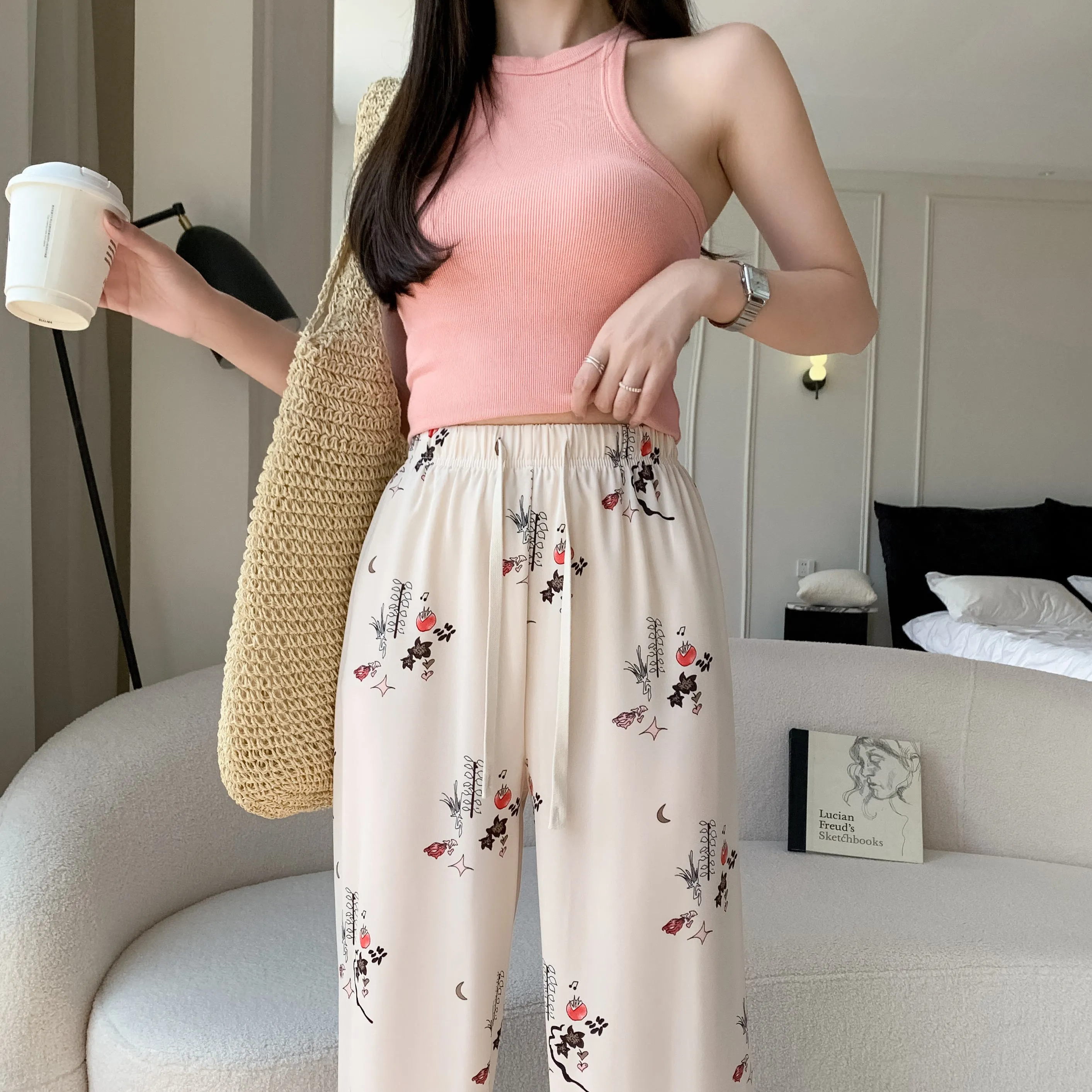 Draping Slimming Casual Floor-Length Silky Straight Leg High-Waisted Pants