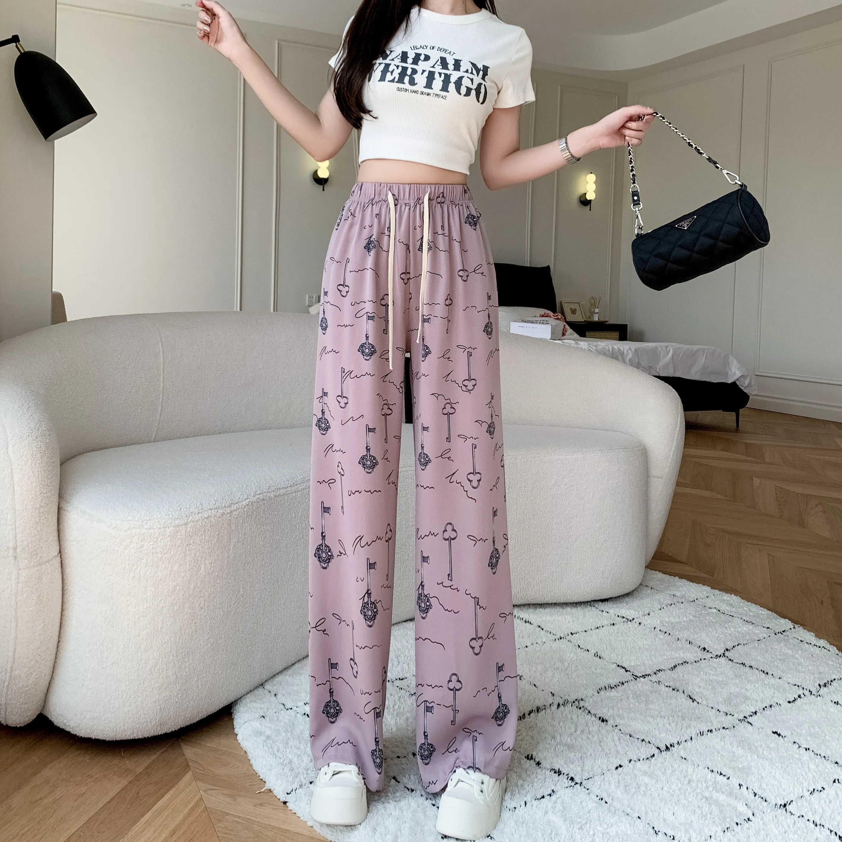 Draping Slimming Casual Floor-Length Silky Straight Leg High-Waisted Pants