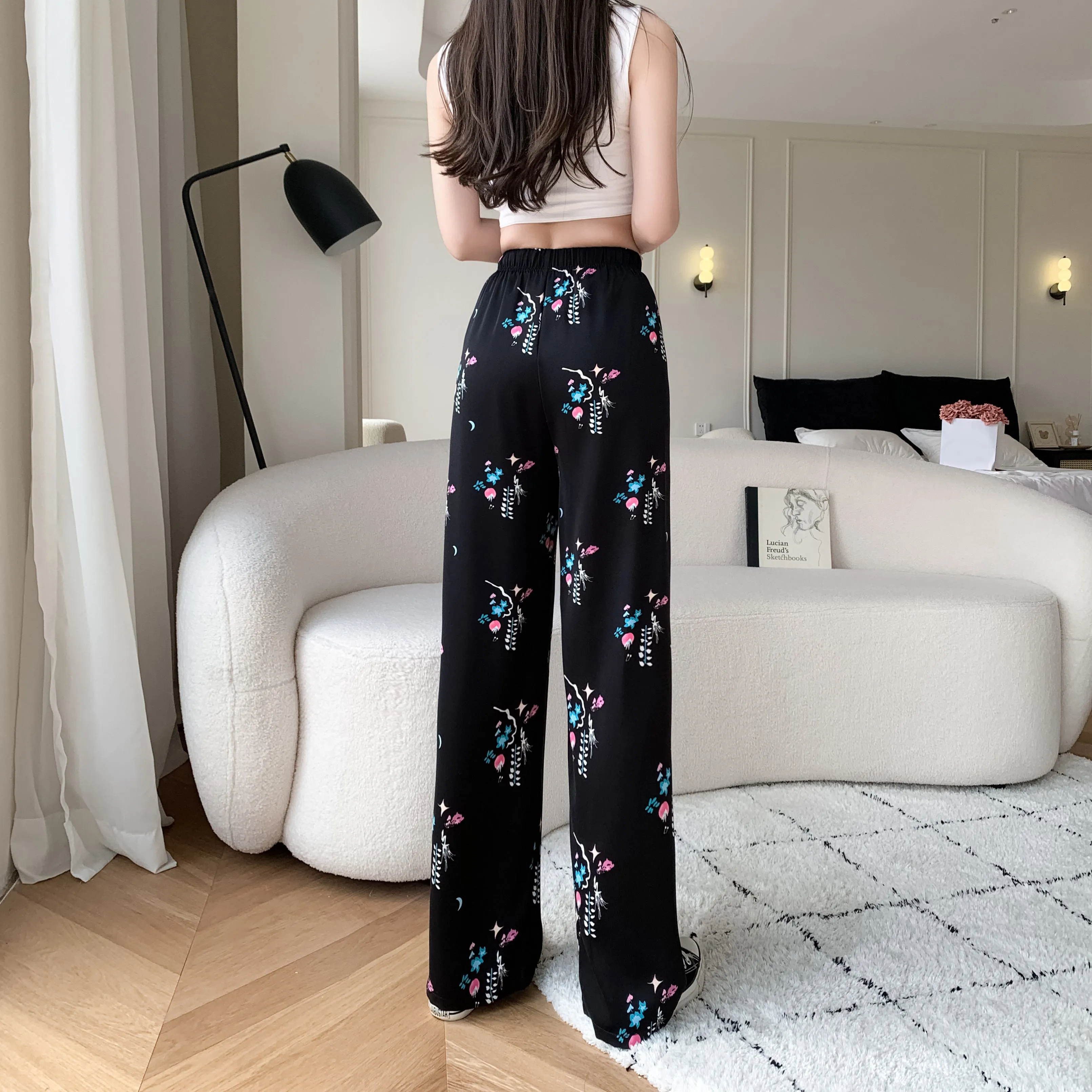 Draping Slimming Casual Floor-Length Silky Straight Leg High-Waisted Pants