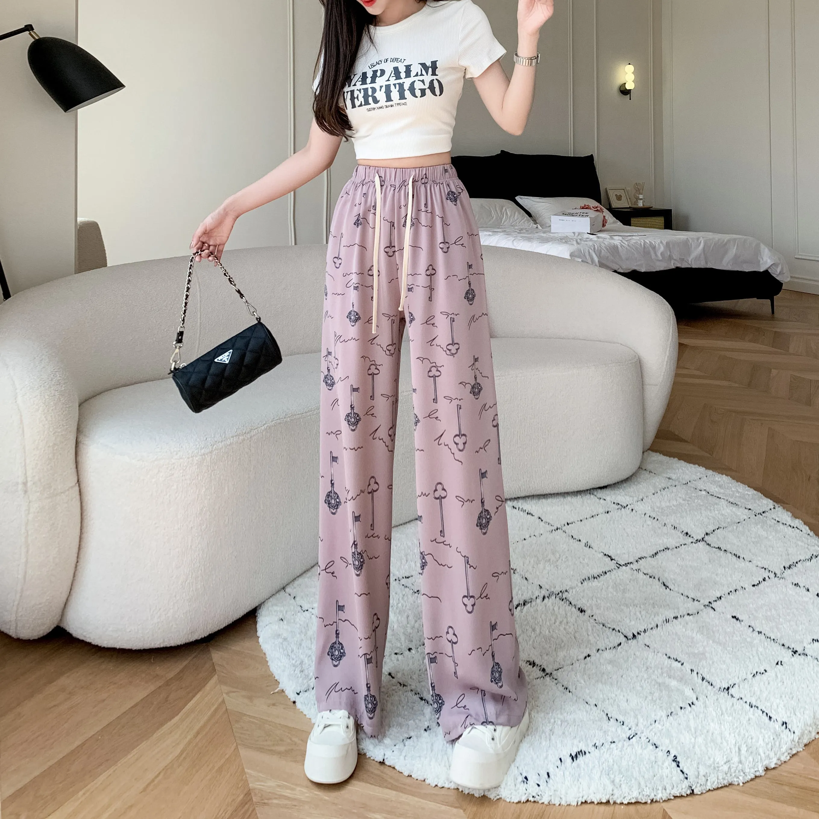 Draping Slimming Casual Floor-Length Silky Straight Leg High-Waisted Pants