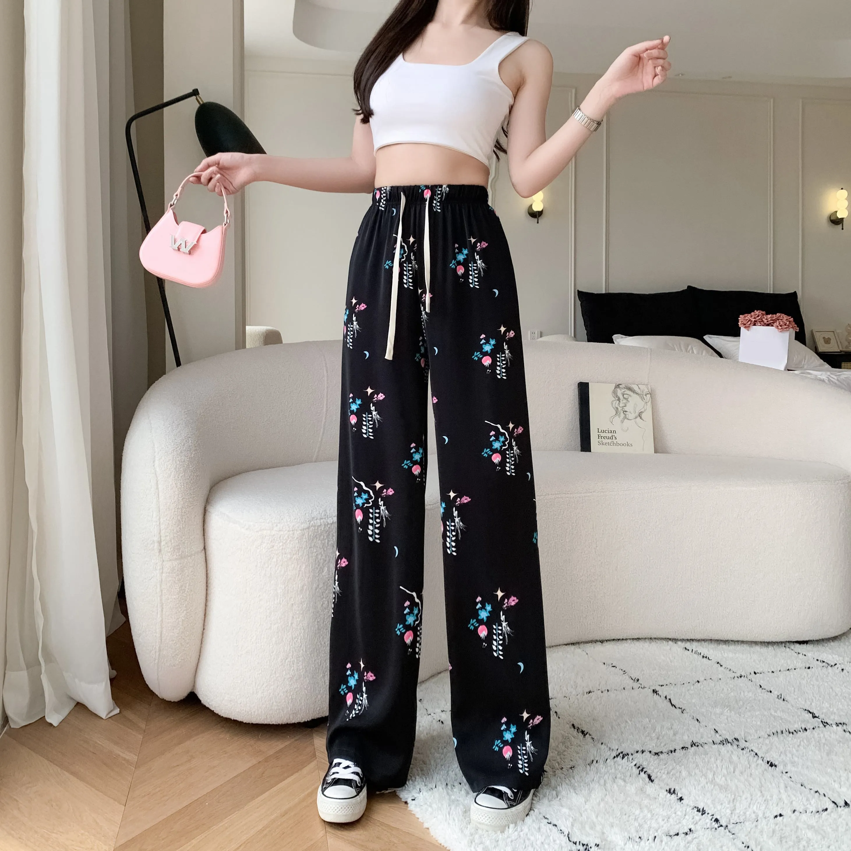 Draping Slimming Casual Floor-Length Silky Straight Leg High-Waisted Pants