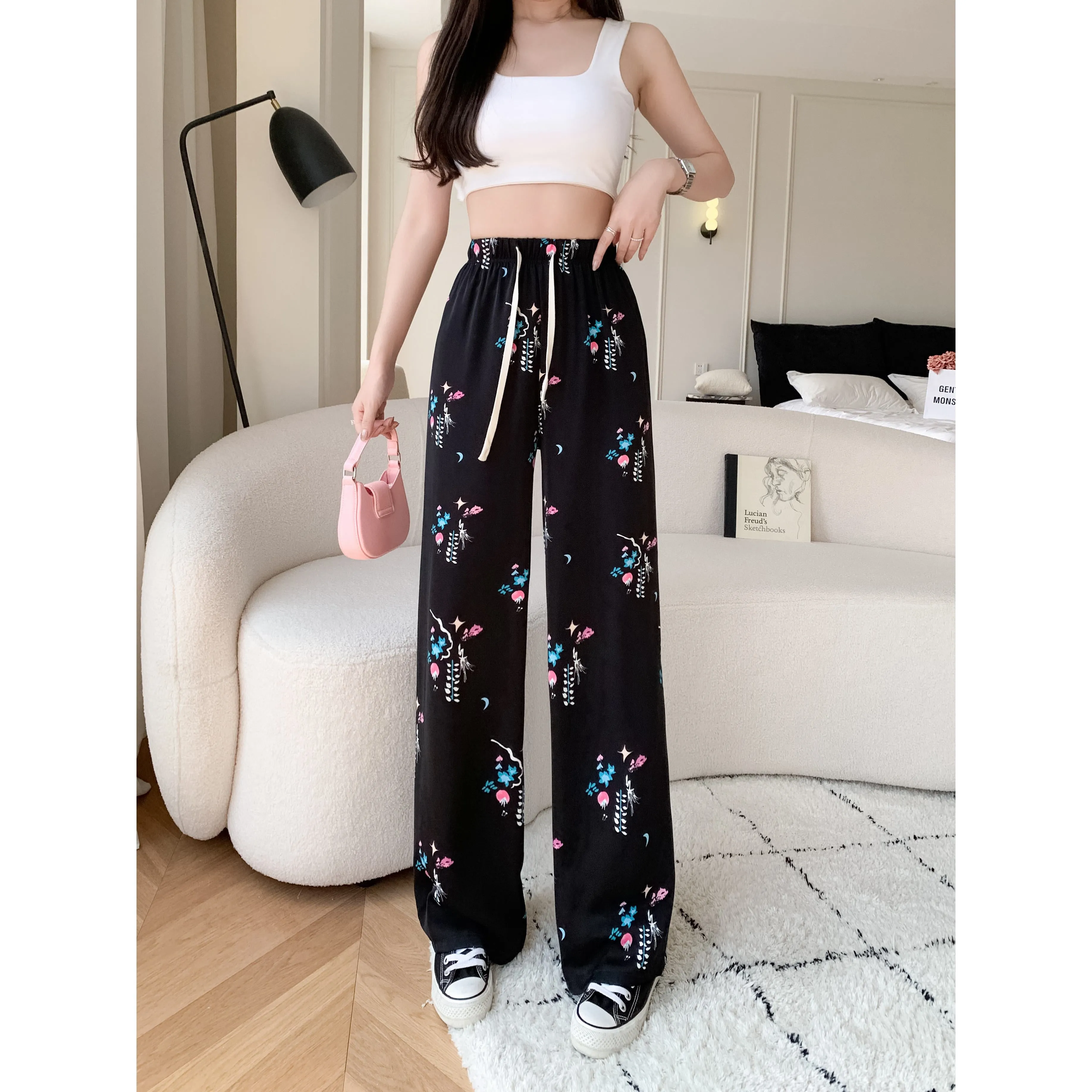 Draping Slimming Casual Floor-Length Silky Straight Leg High-Waisted Pants