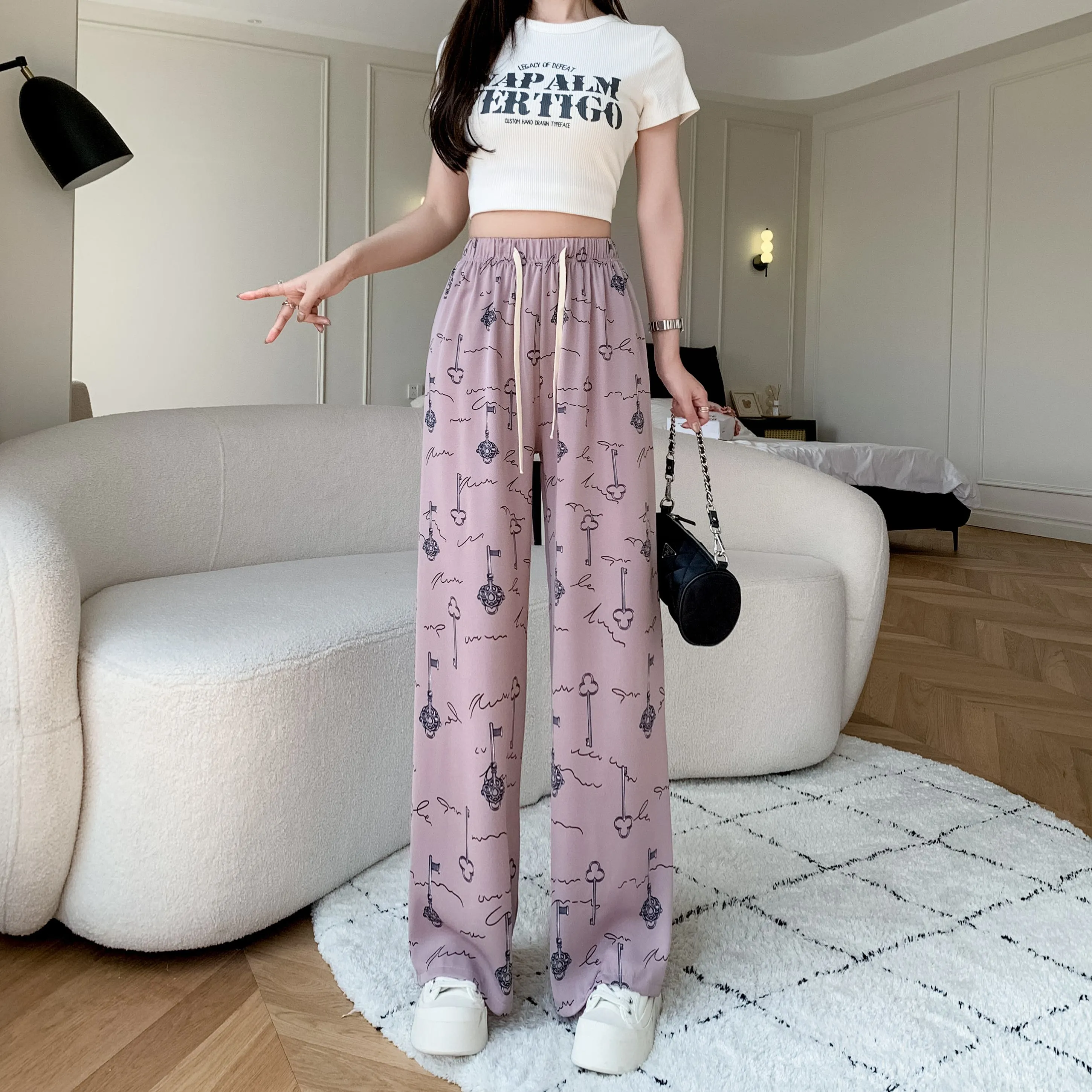 Draping Slimming Casual Floor-Length Silky Straight Leg High-Waisted Pants