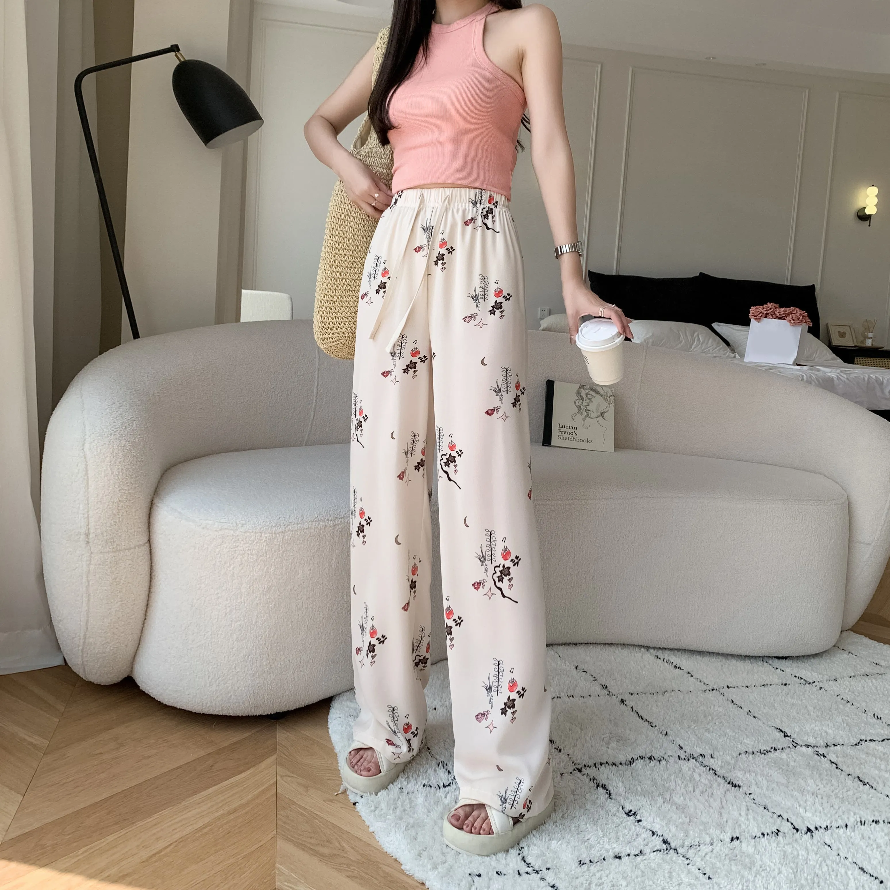 Draping Slimming Casual Floor-Length Silky Straight Leg High-Waisted Pants