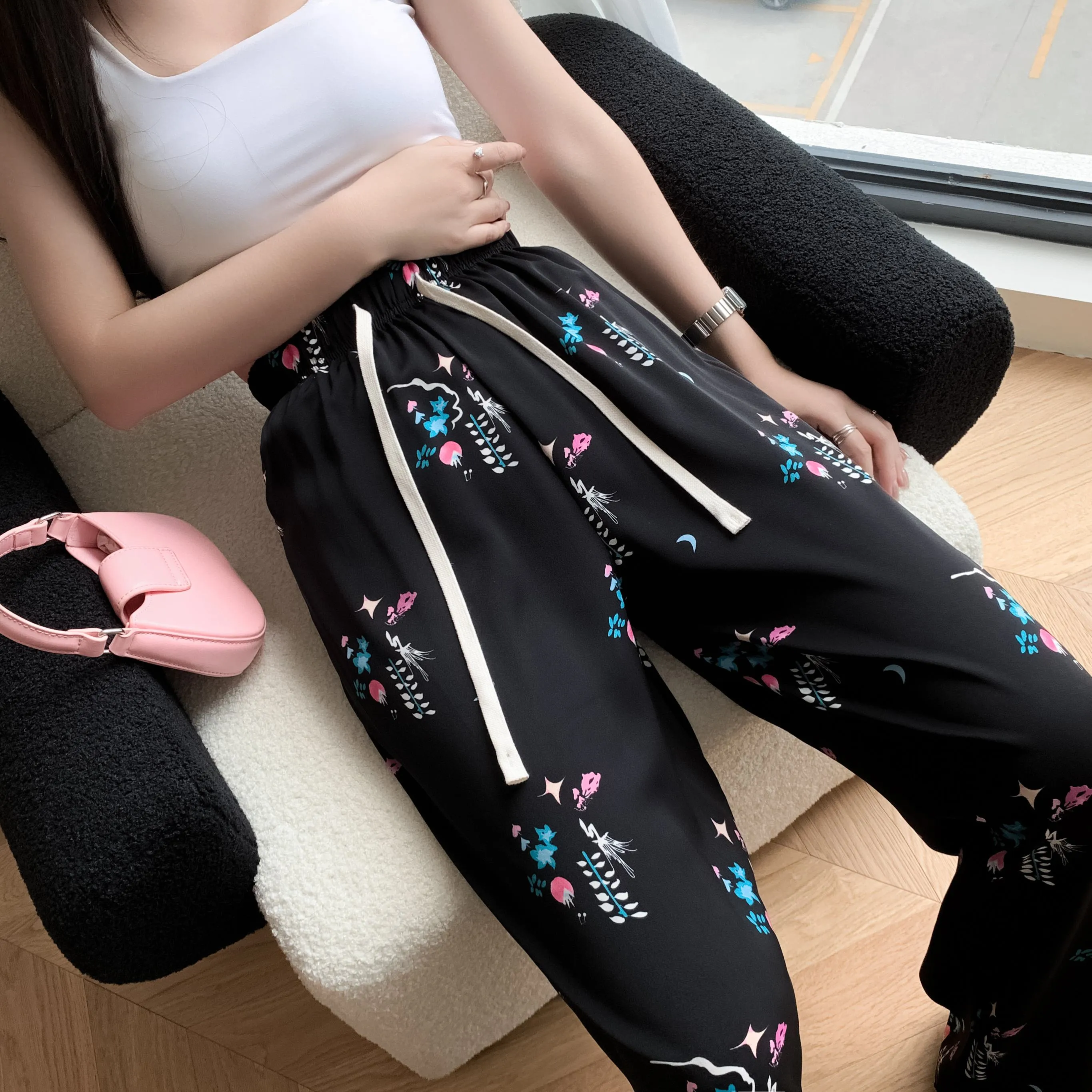 Draping Slimming Casual Floor-Length Silky Straight Leg High-Waisted Pants