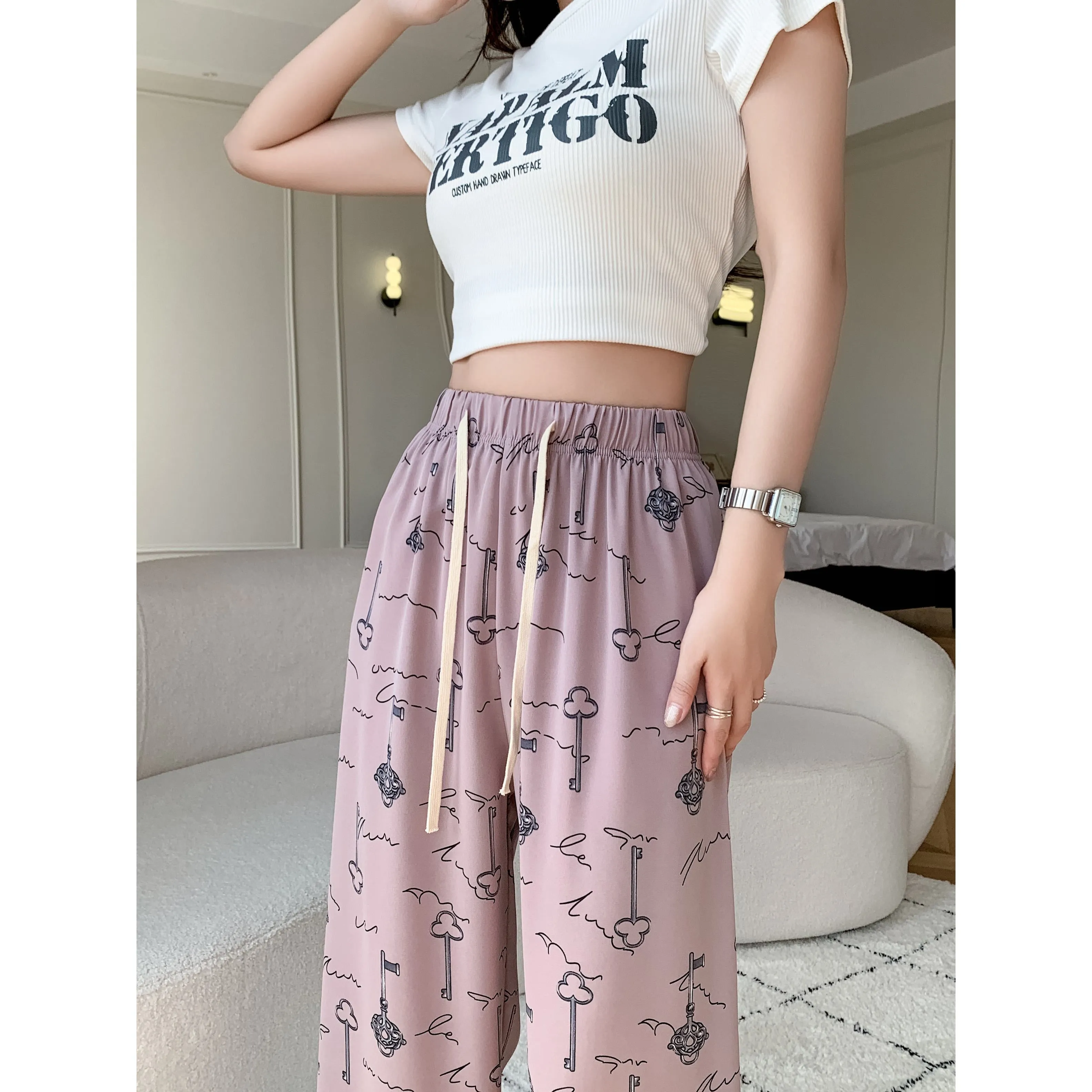 Draping Slimming Casual Floor-Length Silky Straight Leg High-Waisted Pants