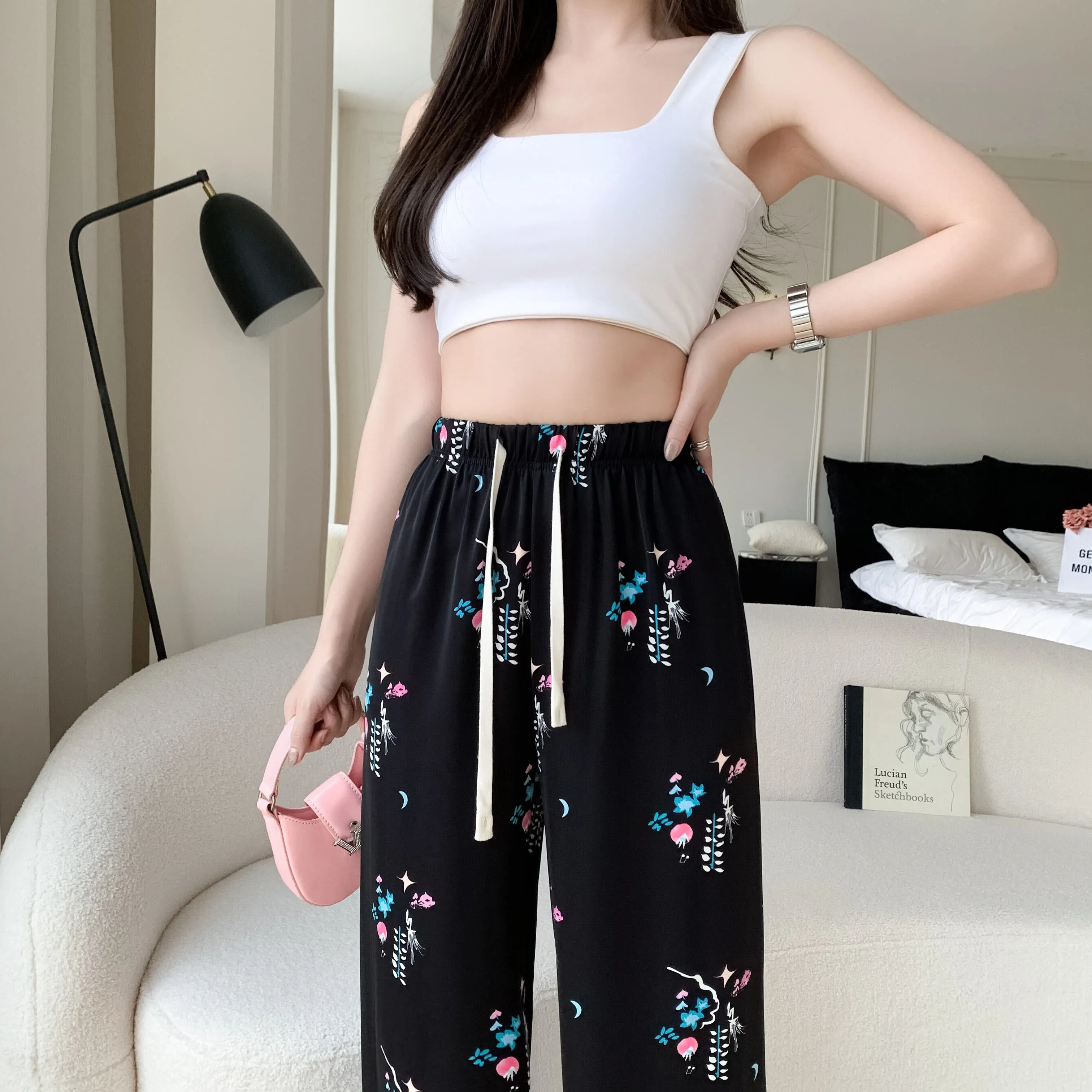 Draping Slimming Casual Floor-Length Silky Straight Leg High-Waisted Pants