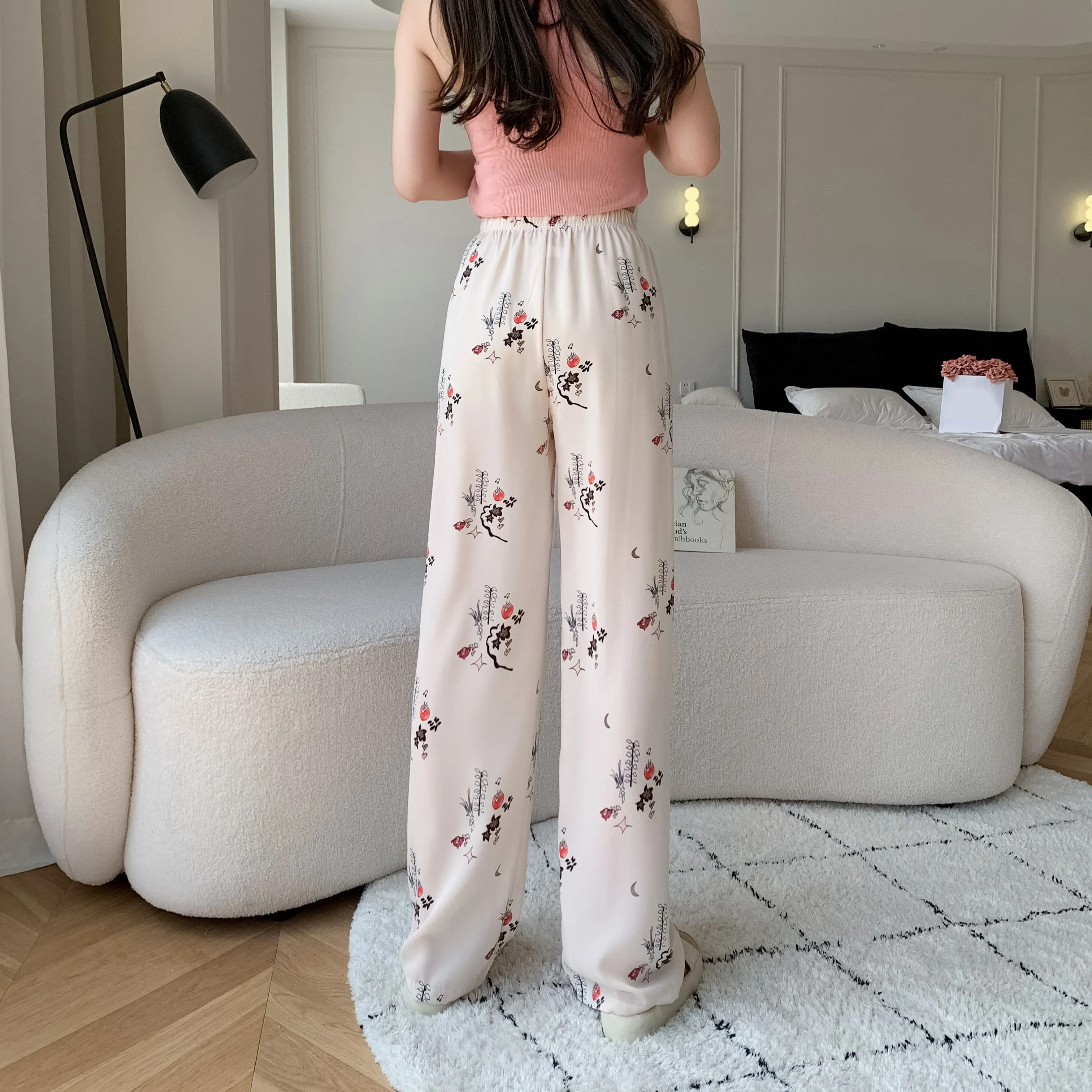 Draping Slimming Casual Floor-Length Silky Straight Leg High-Waisted Pants