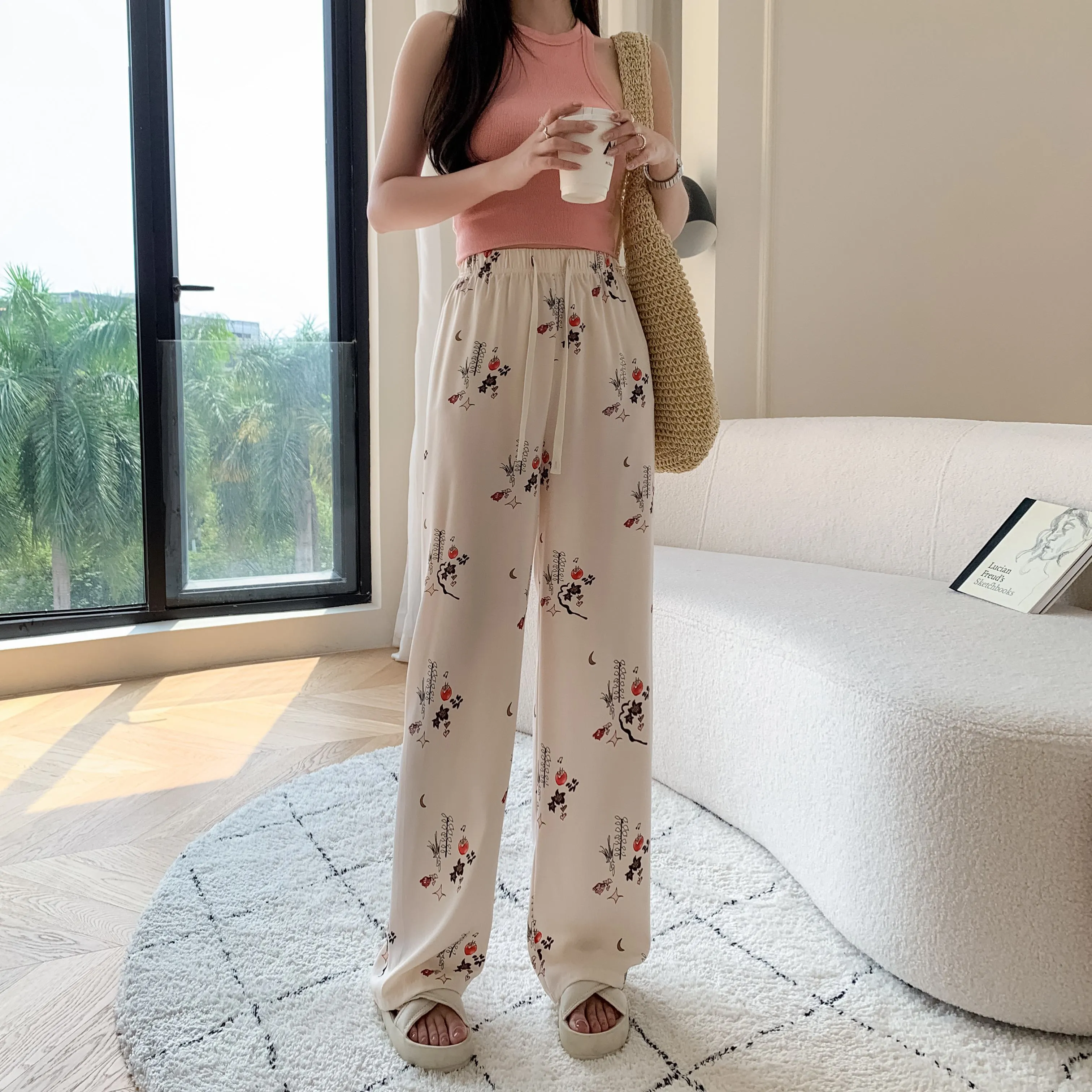 Draping Slimming Casual Floor-Length Silky Straight Leg High-Waisted Pants