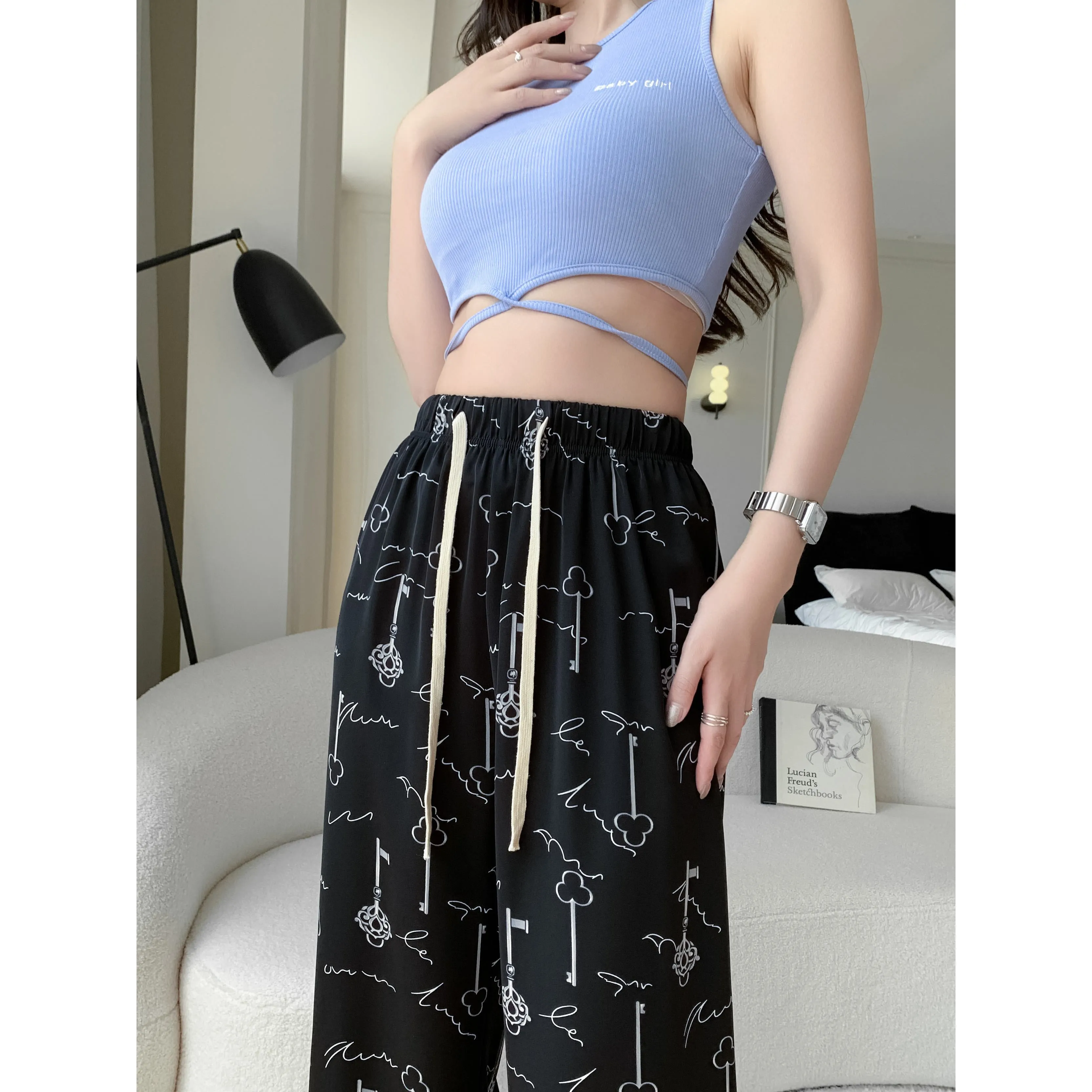 Draping Slimming Casual Floor-Length Silky Straight Leg High-Waisted Pants