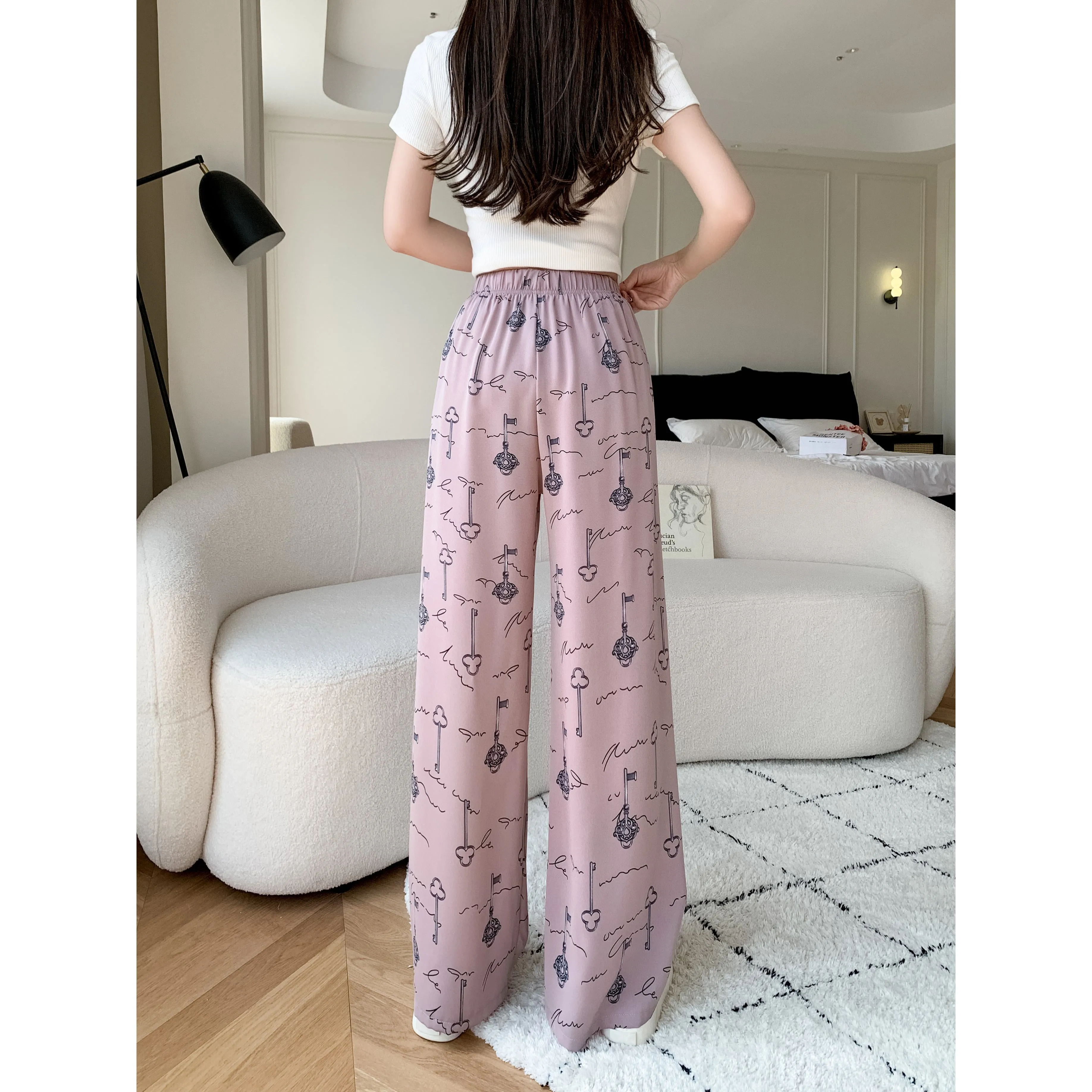 Draping Slimming Casual Floor-Length Silky Straight Leg High-Waisted Pants