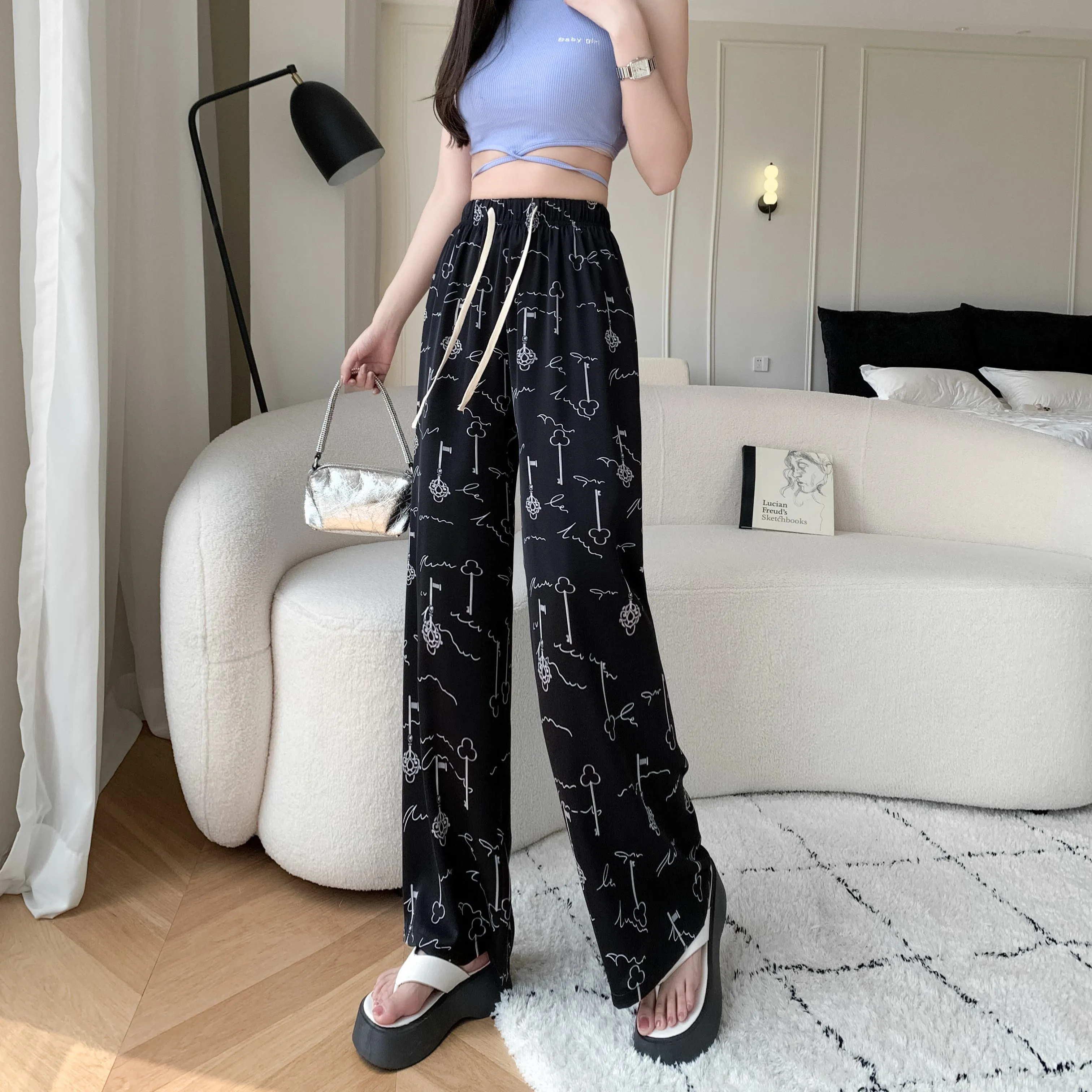 Draping Slimming Casual Floor-Length Silky Straight Leg High-Waisted Pants