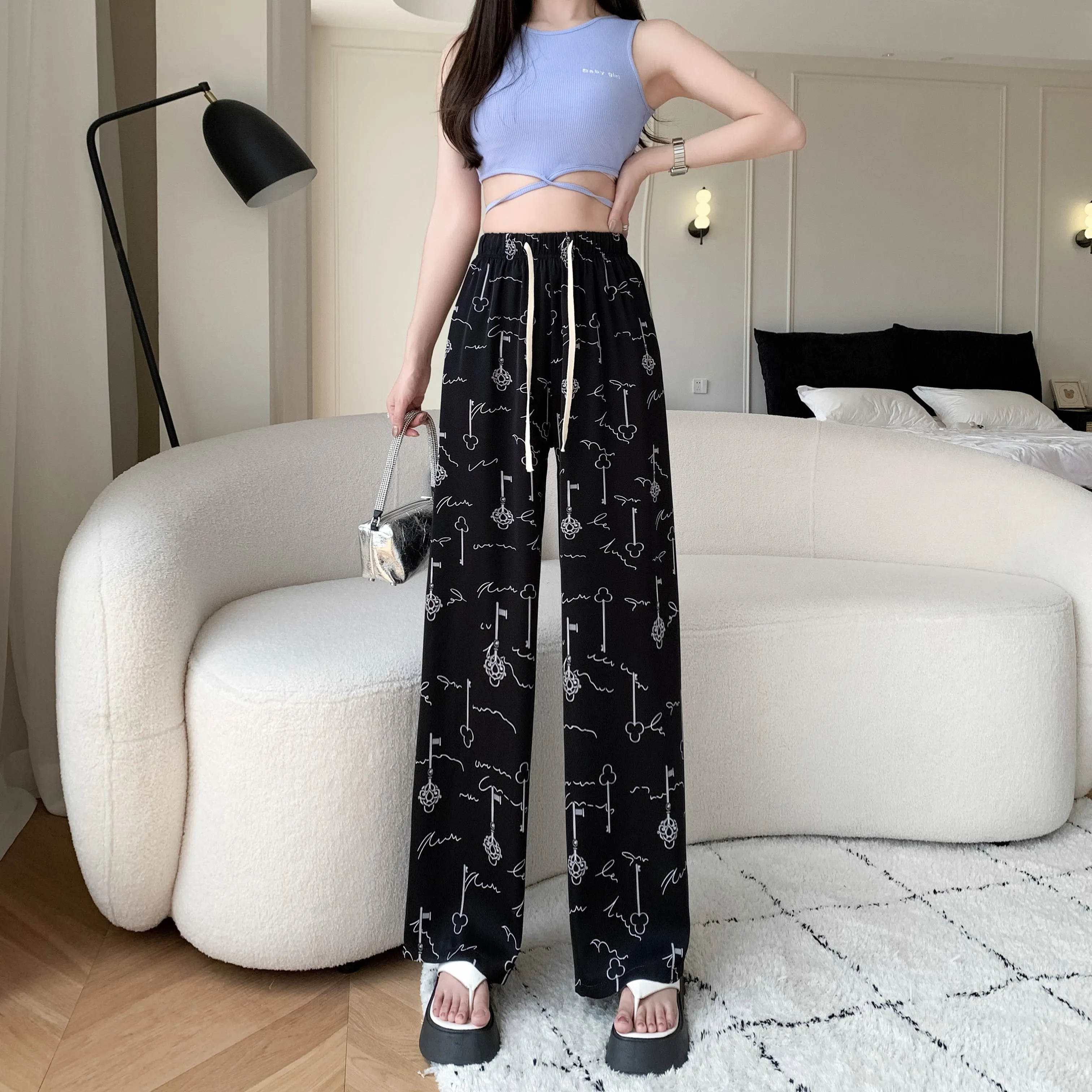 Draping Slimming Casual Floor-Length Silky Straight Leg High-Waisted Pants