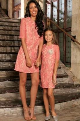 Dusty Pink Lace 3/4 Sleeve Cocktail Party Shift Mother Daughter Dress